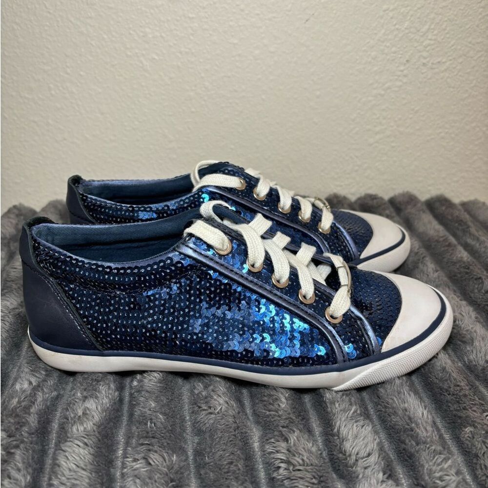 Coach Women's EUC Navy Blue Sequin Sneakers with Navy Leather & white trim. Sz 6 - Picture 2 of 13